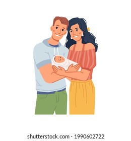 Woman and man holding child on hands and smiling, childhood and parenting. Happy young family, parenthood and happiness. Cheerful male and female. Flat cartoon character, vector illustration