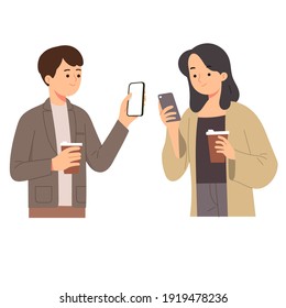 Woman and man holding coffee while look at phone check social media