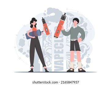A woman and a man are holding an electronic cigarette in their hands. Flat style. The concept of vapor and vape. Vector illustration.