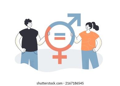 Woman and man holding gender equal signs together. Equality and balance between male and female characters flat vector illustration. Parity concept for banner, website design or landing web page