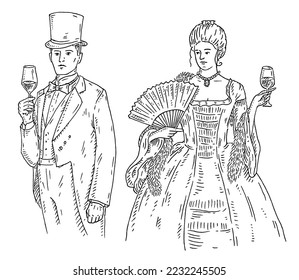 Woman and man holding glass wine. Isolated on white background. Vintage vector monochrome black engraving illustration. Hand drawn design element