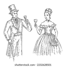 Woman and man holding glass wine. Isolated on white background. Vintage vector monochrome black engraving illustration. Hand drawn design element