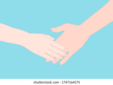 Woman and man are holding hand together on the blue background. Valentine, agreement, relationship, encourage, help, business and love concept. Illustration vector.