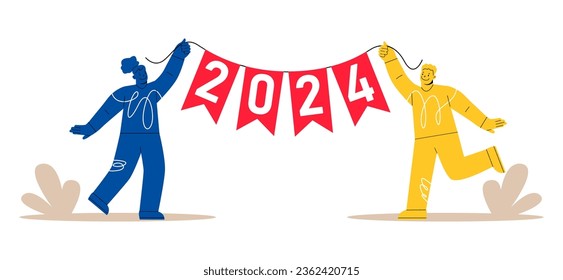 Woman and man holding inscription 2024 new year. Colorful vector illustration

