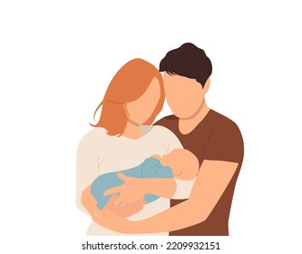 A woman and a man holding a newborn baby. Mother, father, and baby. Portrait of a young family with a newborn in their arms. Vector illustration