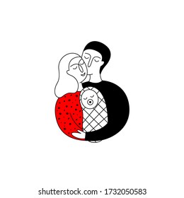 Woman and man holding a newborn. Doodle vector illustration with mom, dad and baby. Happy family concept.