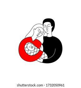 Woman and man holding a newborn. Doodle vector illustration with mom, dad and baby. Happy family concept.