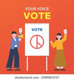 Woman and man holding placards with message about vote. Vector illustration.