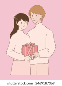 Mujer y hombre sosteniendo caja de regalo con lazo de cinta de regalo juntos. Pareja feliz intercambiando regalos. Dibujado a mano Ilustración vectorial de personaje de dibujos animados.