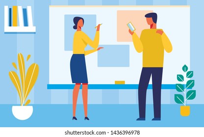 Woman and Man Holding Presentation, E-learning, Training with Gadget at Office Cartoon. Vector Businesswoman Making Report on Flat Interactive Whiteboards. Businessman Using Smartphone Illustration