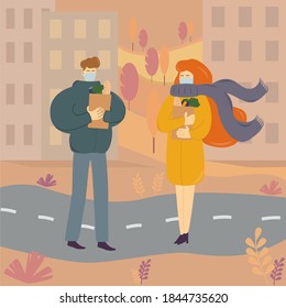 A woman and a man are holding shopping bags in their hands. A couple in masks walks from the supermarket with their purchases in paper bags . Big city, quarantine, coronavirus. 