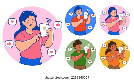 a woman and man holding smartphones and using social media