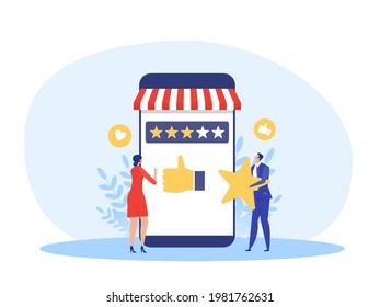 woman and man holding Stars rating for vote store shop business concept vector illustration