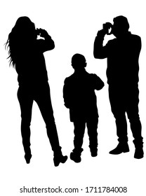 Woman and man holds a camera in her hand. Isolated silhouettes of people on a white background