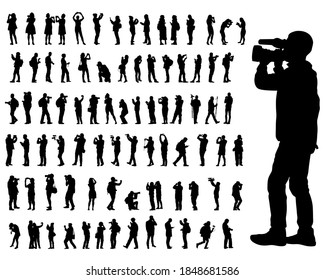 Woman and man holds a camera in her hand. Isolated silhouettes of people on a white background