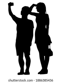 Woman and man holds a camera in her hand. Isolated silhouettes of people on a white background