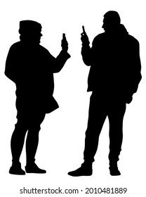 Woman and man holds cell in her hand. Isolated silhouettes of people on a white background