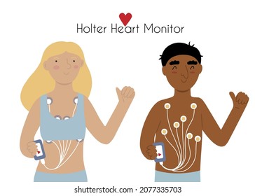 Woman And Man With Holter Heart Monitor Device Attached On Body, Showing Thumbs Up Flat Doodle Vector Illustration