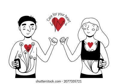 Woman And Man With Holter Heart Monitor Device Attached On Body, Showing Thumbs Up Flat Doodle Vector Illustration In Linear Style