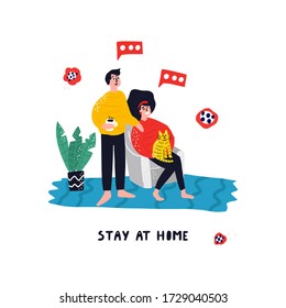 Woman and man are at home. Stay home concept vector illustration. Family with cat 