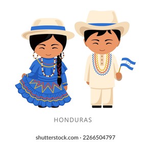 Woman and man in Honduras national costume. Hondurans couple, cartoon characters in traditional ethnic clothes. Flat vector illustration.