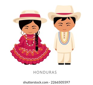 Woman and man in Honduras national costume. Hondurans couple, cartoon characters in traditional ethnic clothes. Flat vector illustration.