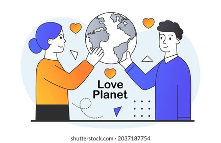 Woman and man hugging Earth. Metaphor of love for our planet, caring for nature. Ecology, cleanliness. International organization. Cartoon flat vector illustration isolated on white background