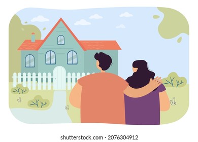 Woman and man hugging his wife looking at house. Couple searching new home for family flat vector illustration. Real estate market, house buying concept for banner, website design or landing web page