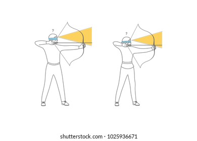 Woman and man, intuition. Flat design set of intuition, insight, anticipation, choice. Intuitive symbol. Modern thin line illustration. Archer with blindfold.