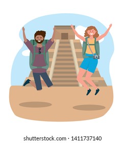 woman and man jumping with backpack and camera to temple inscription destination
