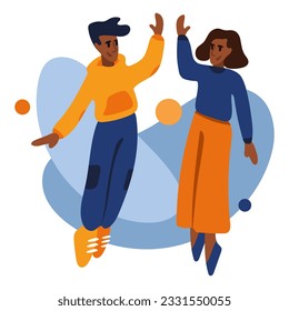 Woman and man jumping and high five outside. Pleasant leisure. Have fun and jumping together. Meeting with friend. Friendship and relationships concept. Flat vector illustration in cartoon style