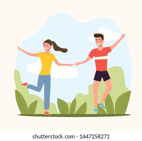 Woman and man  jumps isolated. Vector flat style illustration
