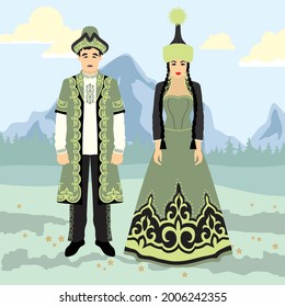 A woman and a man in the Kazakh national costume on the background of the steppe and mountain landscape