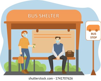 Woman and man are keep their distance while waiting bus at bus shelter