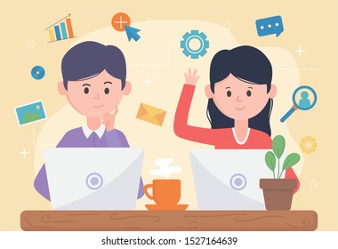 woman and man with laptop network social media vector illustration woman and man with laptop network social media vector illustration
