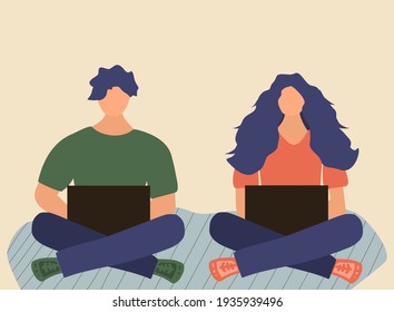 Woman and man with a laptop sit on the carpet and work. Freelancers or students. Home office concept. Male and female character working or studying from home. Cute vector illustration in flat style.