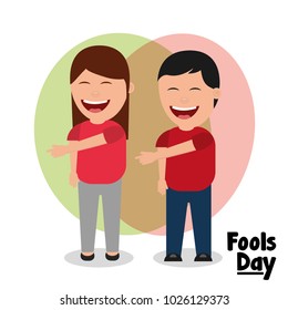 woman and man laughing gesture pointing fools day