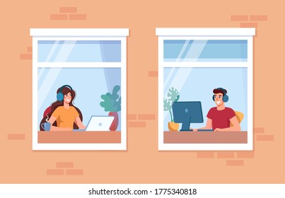 Woman and man are learning, working at home. Stay home, online remote work or learning concept,. Freelancers at the computer in headphones. Social isolation during epidemic. Vector, in flat style