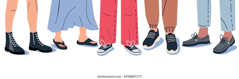 Piernas de mujer y hombre en zapatillas de deporte con estilo. Conjunto de varios zapatos femeninos y masculinos con pies. Botas, Zapatillas, Bote, Topsider. Calzado de niña y niño. Diferentes zapatos femeninos. Ilustración vectorial plana de dibujos animados