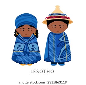 Woman and man in Lesotho national costume. Lesotho couple, cartoon characters in Basotho blanket ethnic clothes. Flat vector illustration.