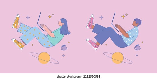 A woman and a man are levitating in space with a laptop. Space concept of working on a laptop. Vector color flat illustration.