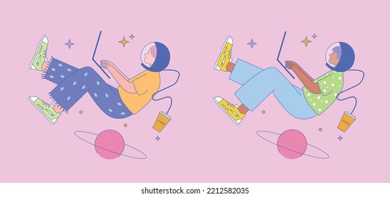 A woman and a man are levitating in space with a laptop. Space suit helmet connected by a tube to a glass of coffee. Vector color flat illustration.