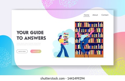 Woman and Man in Library Reading and Searching Books. Young People, Students, Spend Time in Athenaeum or Literature Archive. Website Landing Page, Web Page. Cartoon Flat Vector Illustration, Banner