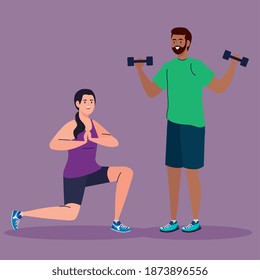 Woman and man lifting weight and doing yoga design, Gym sport and bodybuilding theme Vector illustration
