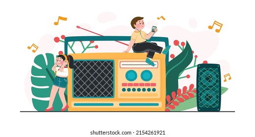 Woman And Man Listen To Music From Radio With Happiness, Vector, Illustration