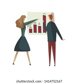 Woman with a man look at the diagram on the board. Vector illustration on white background.