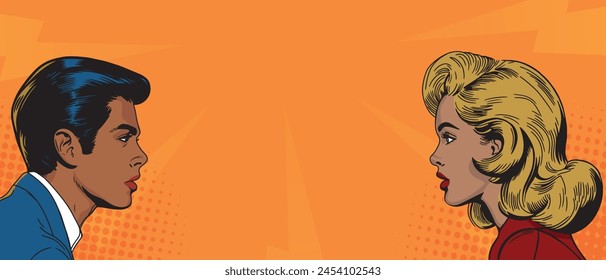 A woman and a man look at each other in surprise in pop art style.vector illustration