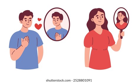 Woman and Man Looking in Mirror Shows Self Love