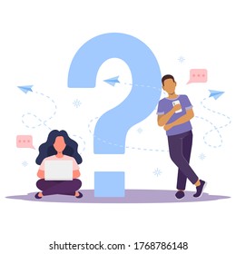 Woman, man looking at the phone,laptop. Question mark symbol. Worker or student character does not understand the teacher's task or question. Looking for answer in the Internet. Vector flat illustration