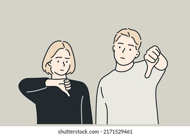  mujer y hombre con aspecto de infeliz y enojado mostrando rechazo y negativo con gesto de menosprecio. Ilustraciones de diseño vectorial de estilo dibujado a mano.